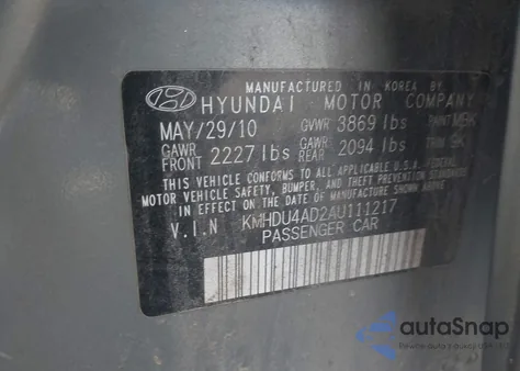 2010 Hyundai Elantra Gls from USA, damaged, VIN KMHDU4AD2AU111217